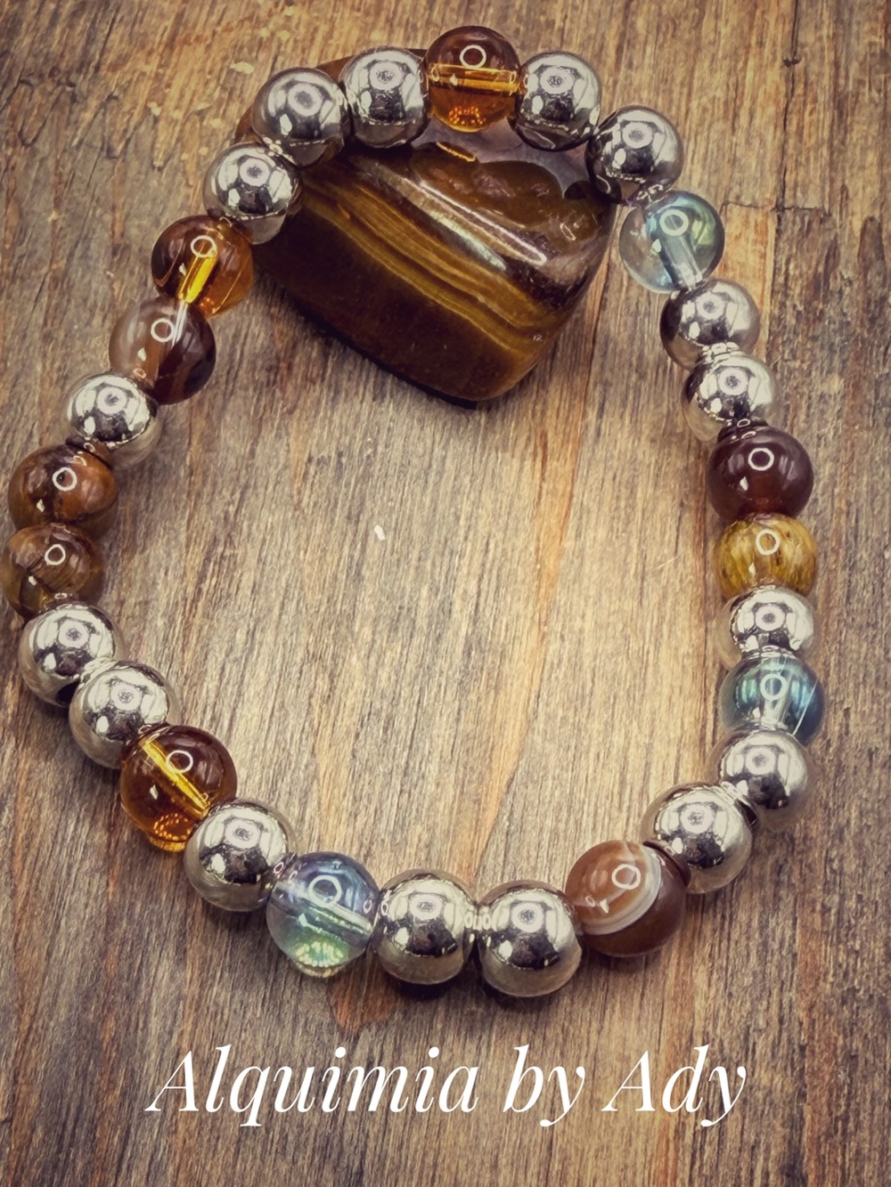 Tiger eye Brown, Silver & Amber Bead Stretch Bracelet